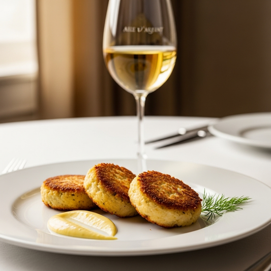Savory crab cakes perfect with Aile d’Argent