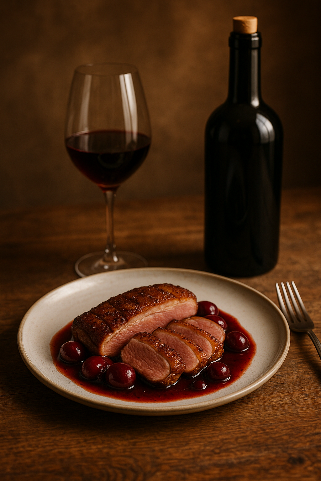 The headline is: Duck and Cherry Delight with Leoville Barton