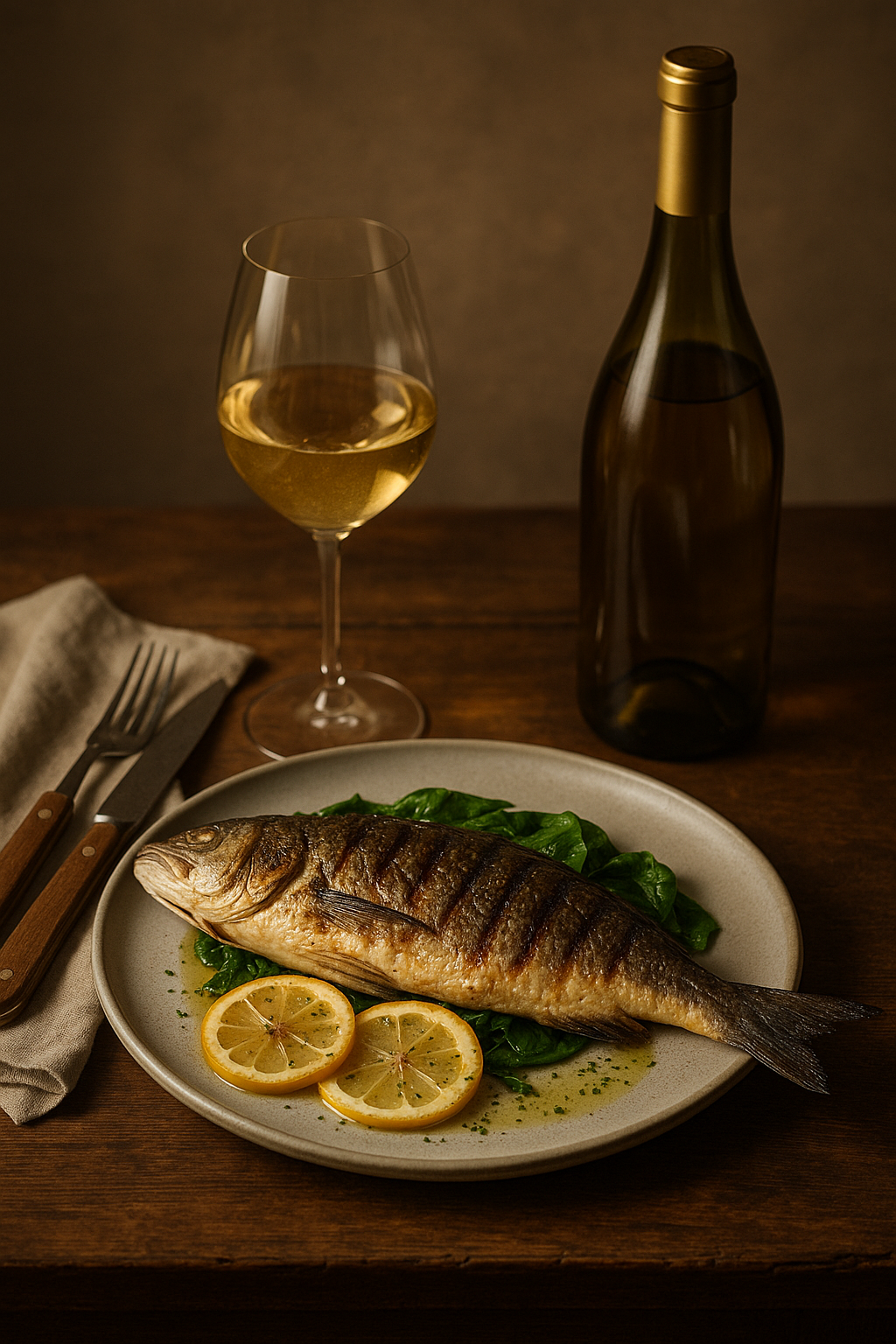 Grilled Sea Bass Complements Aile d’Argent